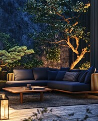 Nighttime patio with sectional sofa, garden, and low table