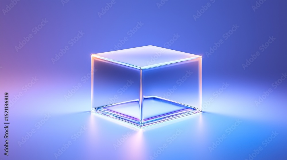 Poster Luminous translucent cube rests on gradient blue and pink surface