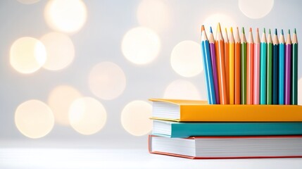 Stack of books with colored pencils against bokeh background