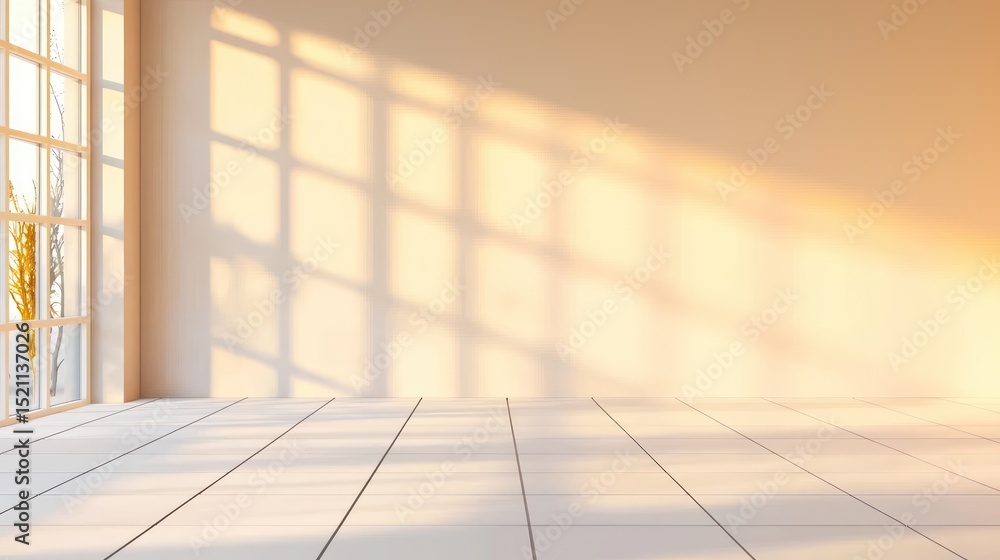 Poster sunlight shines through window casting shadow patterns on beige wall