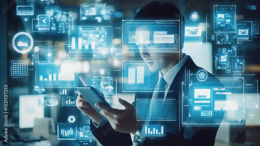 Poster asian businessman analyzing data with holographic interface on tablet device