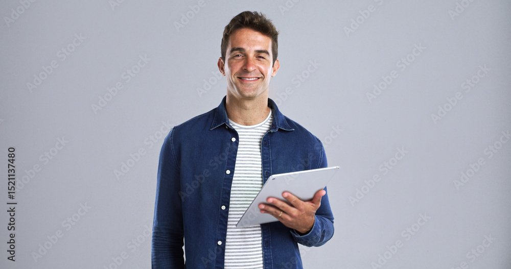 Poster Portrait, smile and tablet with man in studio for programming or software development career. App, system and web maintenance with happy tech guru on white background for professional IT support