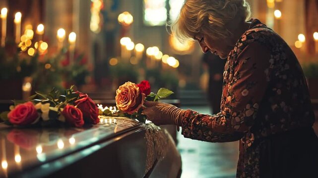 An elderly Caucasian woman with gray hair arranges roses on a memorial table in a dimly lit church. Candles illuminate the background, creating a solemn atmosphere.