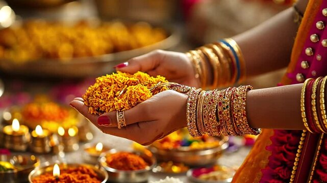 Hands of a young Indian woman holding vibrant marigold flowers. She wears traditional bangles and is surrounded by decorative elements for a festive occasion.