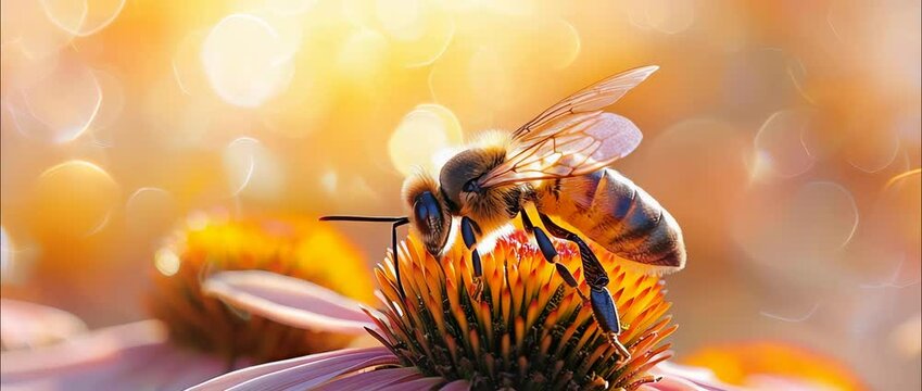 close-up image of a bee collecting nectar from a beautiful flower. This enchanting scene captures the intricate details and colors of nature, showcasing the vital role of pollination in the ecosystem.