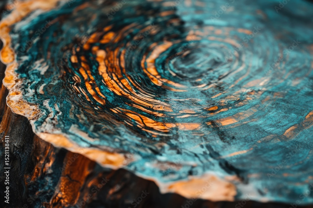 Poster close-up view of a tree's cross-section, showcasing intricate, swirling patterns in teal and amber h