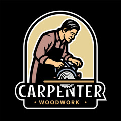 Carpenter with circular saw logo, emblem on dark background.
