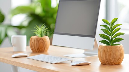 Clean modern workspace with computer plants and accessories