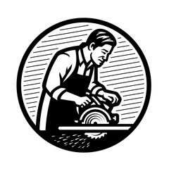 Carpenter with circular saw logo, emblem.