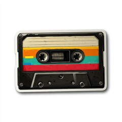 retro cassette tape sticker with colorful label, nostalgic design, glossy surface, isolated on white background