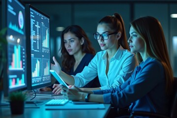 Stunning individuals leveraging holographic screens for analyzing online invoices for budget and tax audits in a cutting-edge office environment.