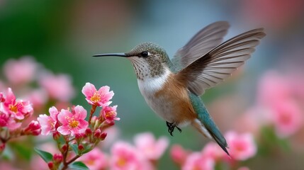 Fototapeta premium Hummingbird soars near pink blossoms
