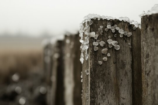 Ice clinging to a weathered wooden fence post on a foggy day.