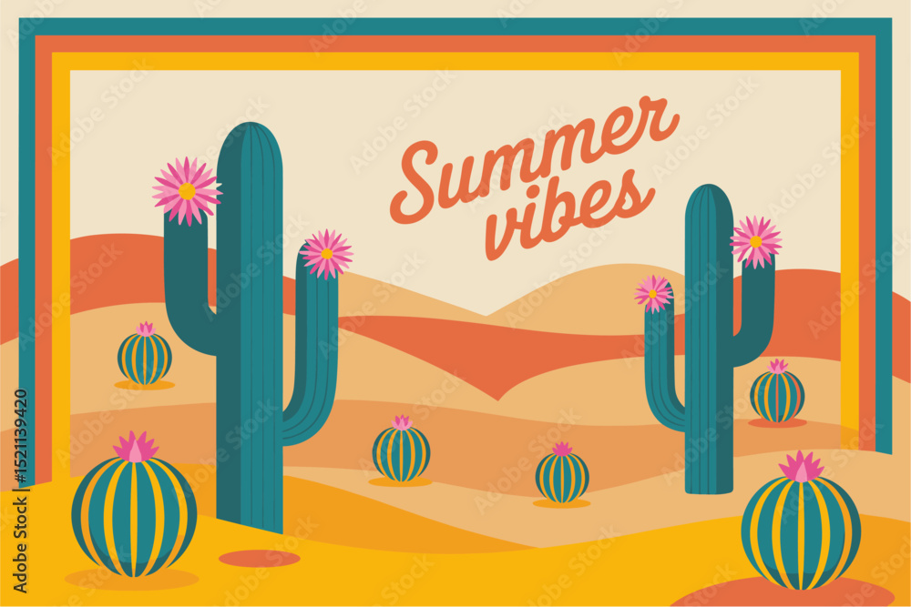 Fototapete a desert scene with cacti and a sign that says summer vibes. the desert is a warm and inviting place