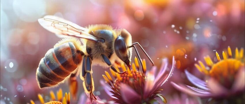 An exquisite macro shot capturing a bee amidst a pastel bloom. The image radiates dreamy hues and gentle light, showcasing nature's beauty and the art of pollination.