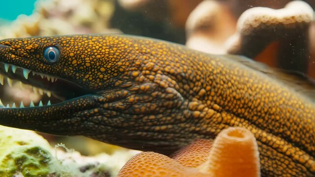 Close up of a large moray eel with its mouth open, showcasing sharp teeth. Underwater marine animal in a vibrant reef setting, deep ocean life footage.
