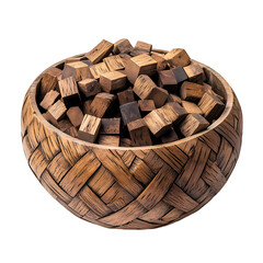 Obraz premium Oak Wood Cubes in a Woven Bowl A Rustic Composition isolated on transparent background