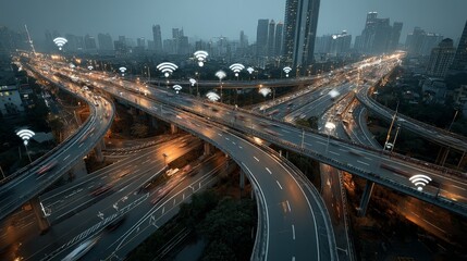Fototapeta premium Smart Junction on Urban Expressway with Wi-Fi Signals