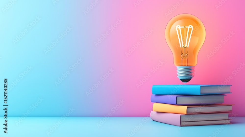 Poster glowing lightbulb sits above a stack of colorful books