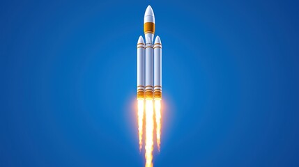 A large multi stage rocket launches into a clear blue sky