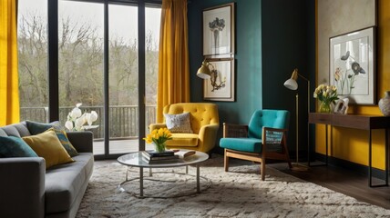 Fototapeta premium Mustard Yellow and Teal Living Room Design