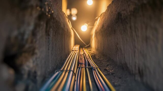 Underground trench with various colorful electric cables and wires bundled together for installation and maintenance concept footage.