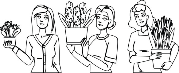 bloom flowers pot woman vector