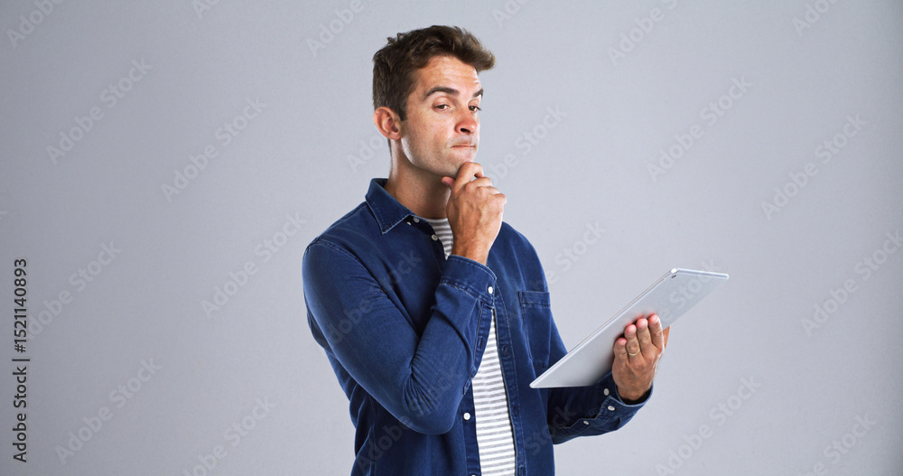Fototapete Man, thinking and tablet for connection solution, IT problem solving and ideas for digital technology. Internet, network and pondering for website troubleshooting on mockup space on white background