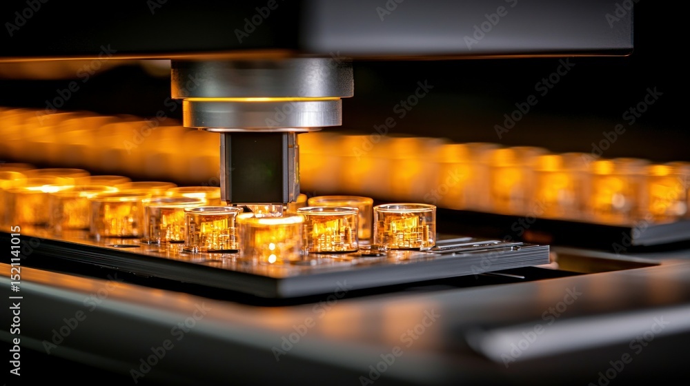 Poster Automated machine inspects small clear containers with glowing amber contents