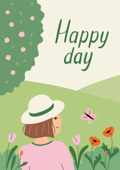 Illustration of a field landscape, a cute girl, and 'Happy Day' lettering. Perfect fo greeting card, seasonal poster or baby's book
