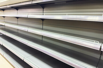 Empty shelves loom in a store, signaling scarcity and crisis. Bare metal racks stretch across a...