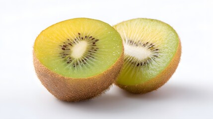 Fototapeta premium Fresh kiwi fruit sliced open, revealing vibrant green and yellow flesh, isolated on white. Minimalist composition showcasing natural beauty