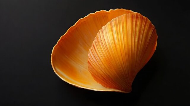 Vibrant orange scallop shell resting elegantly on a dark background, showcasing its intricate texture