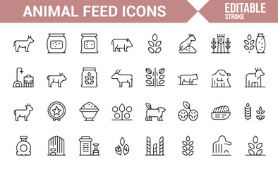 Collection of Icons Representing Animal Feed, Nutrition, and Farm Care