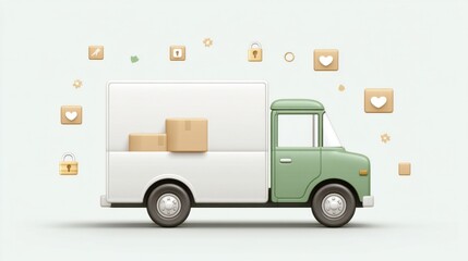 A green and white delivery truck with boxes is surrounded by icons representing security, packages, and communication.