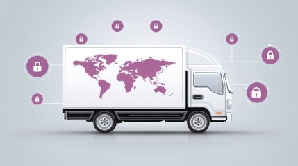 Fototapeta premium A secure delivery truck with a world map on its side, surrounded by digital security icons representing global logistics protection.