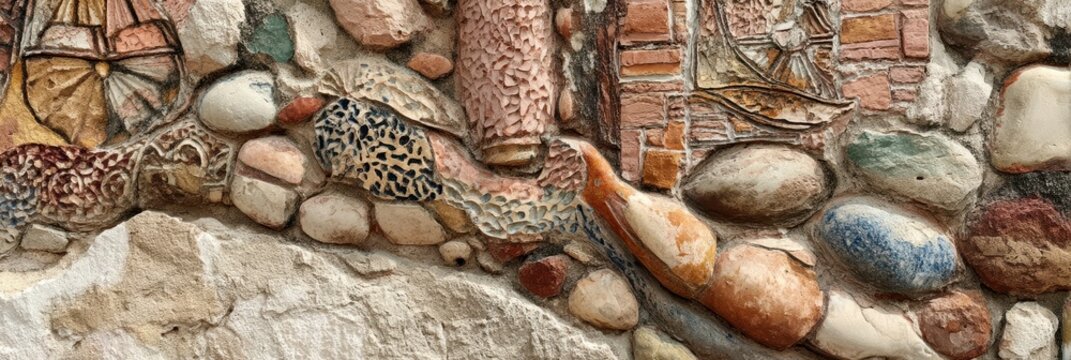 stone mosaic panel with ancient ruins softly blurred behind