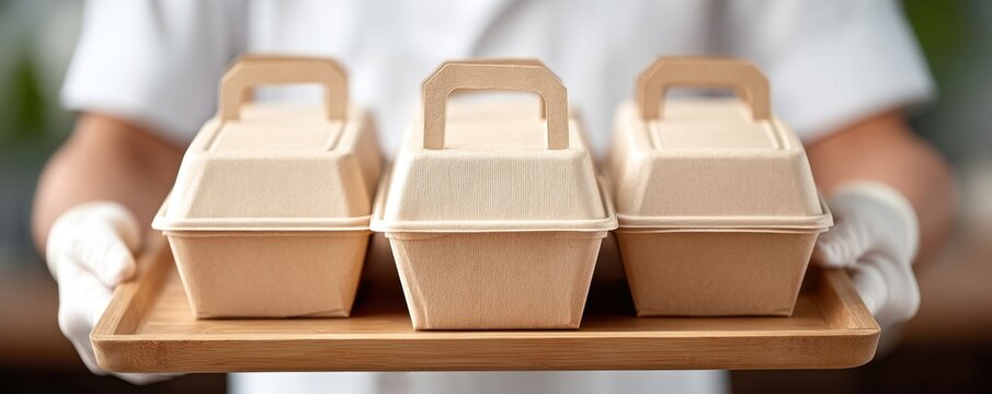 Three eco-friendly takeaway boxes with handles are presented on a wooden tray by a person wearing white gloves.