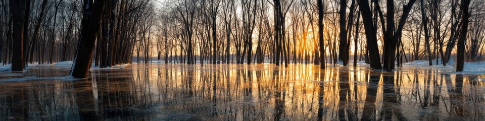 Obraz premium artistic professional photo of snow-covered forest and frozen lake reflecting sunset, panoramic view, perfect lighting, realistic and cinematic style