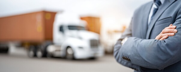 A businessman in a suit stands with arms crossed in front of a blurred cargo truck and container.