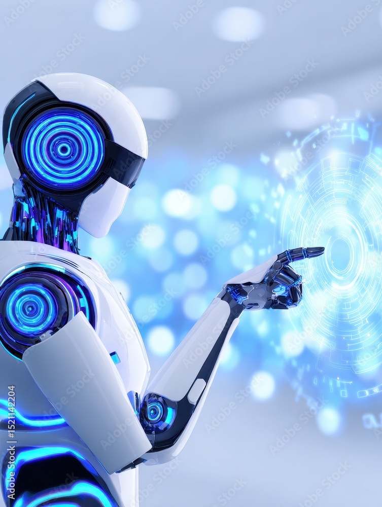 Poster futuristic robot interacting with holographic interface in a modern tech environment