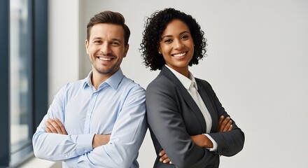 Two confident business professionals stand back to back, arms crossed, exuding a sense of teamwork and professional success. Both individual has a beaming smile.