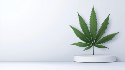 Cannabis leaf is displayed on a small white presentation stand