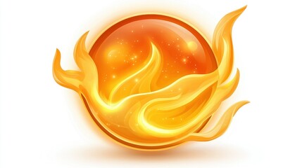 Abstract fiery orange sphere surrounded by flowing flames on white