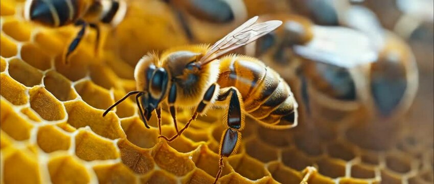 A captivating close-up macro image of a bee crawling on a honeycomb, showcasing the intricate details and vibrant colors of nature&rsquo;s pollinators. The crisp glow highlights the bee's features.