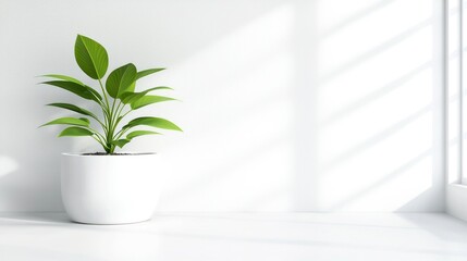 Potted green plant sits on white surface near sunny window