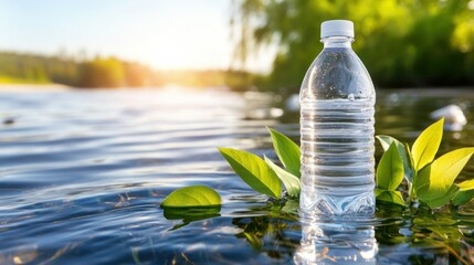Water bottle sits in water amidst green leaves outdoors