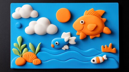 Cute claymation underwater scene depicting cartoon fish and sea life