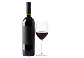A classic wine bottle with a smooth black label and matching glass filled with dark red liquid, isolated on white or transparent background. PNG