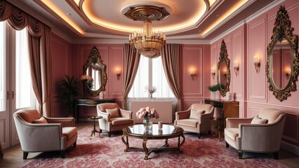 Exquisite vintage interior design with elegant seating and pink walls creates opulent aesthetic